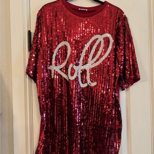 Red Sequin T-Shirt with White Script